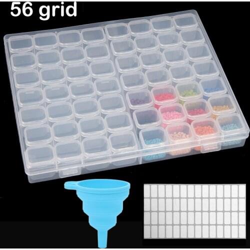 56/28 Cells Plastic Storage Box Stickers Funnel Sets for Diamond Painting Embroidery Accessories Tools Container Box Holder