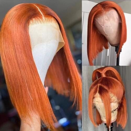 Orange Synthetic Big Lace Front Wig With Middle Parting 14 Inch Drag Queen Short Bob Straight Wig 13x4 Bob Wigs For Women