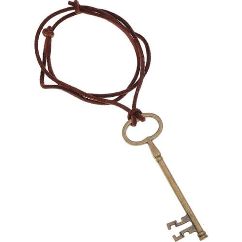 Vintage Retro Long Chain Key Necklace Alloy Adjustable Bronze Pendant Genuine Leather Punk Choker for Women Men Fashion Jewelry