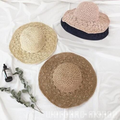 Women Summer Beach Hat Female Foldable Handmade Straw Weave Wide Brim Sunscreen Hat Cap Beach Sunhat Bucket Cap Femme Sun Hat