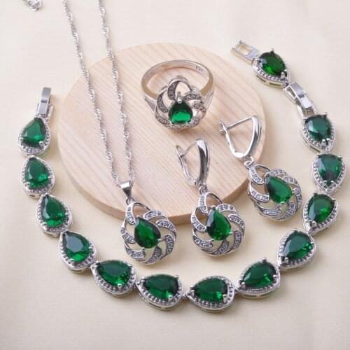 2020 New For Women Jewelry Sets Bridal jewelry Silver Color Green Crystal Bracelet Earrings Ring Pendant Christmas Gift QS0628
