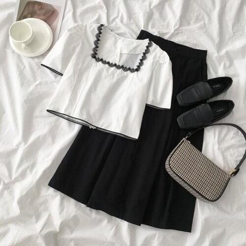 Two-piece Suit 2020 Summer New Womens Korean Style Square Collar Short Sleeve Shirt + High Waist Skirt Suit