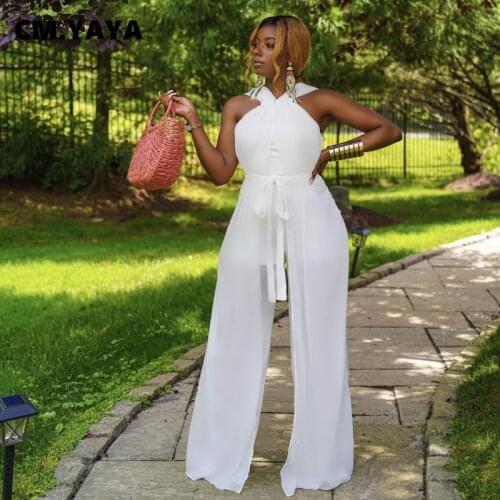 CM.YAYA Women Jumpsuit Mesh Solid Sleeveless Strap Bandage Sashes Wide Leg Jumpsuits Fashion Casual Jumpsuits Summer Outfits