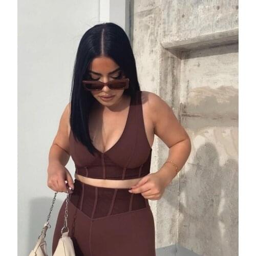 Fitness Sporty Women Tracksuit Sleeveless V-enck Tank Stretchy Leggings Ribbed Bra Two Piece Set