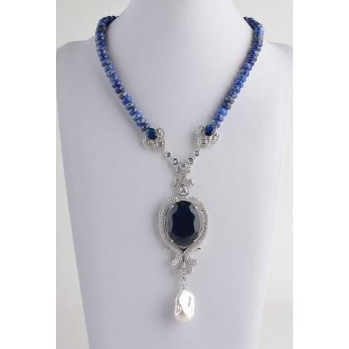 Womens 19'' Faceted Rondelle Lapis Necklace Keshi Pearl CZ Pendant