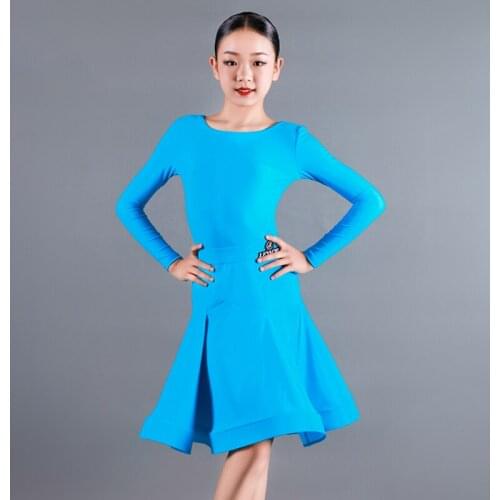 New Latin Dance Competition Dress Girl Long Sleeve Blue Dress Performance Clothes Children Chacha Latin Practice Clothes DQS6115