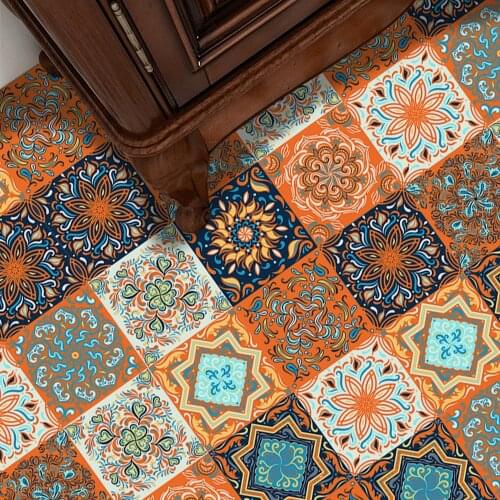 10pcs Orange Floral Pattern Tile Sticker Waterproof Film For Tiles /Ground in Kitchen Bedroom Toilet Floor Decor Art Wallpaper