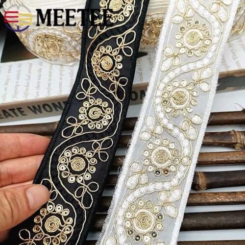 3m 43mm Gold Thread Sequins Braided Lace Trims Embroidered Webbing Ribbon Tape for Shoes Dress Decoration DIY Sewing Accessories