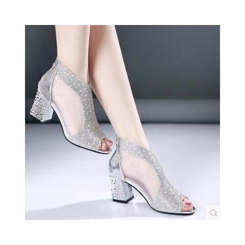 Summer Ankle Boots Women Wedding Shoes Mesh Sandal Open Toe High Heels 7 cm Dress Shoes Bling Sandals Pump Silver Gold Sandals