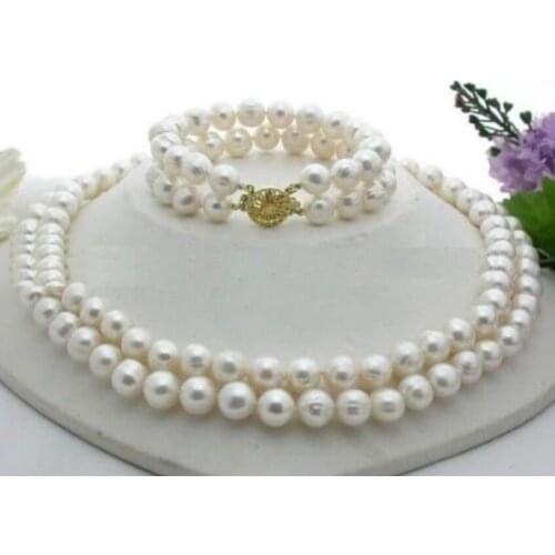 ELEGANT 2 row 10-11mm natural akoya white pearl necklace 18" + bracelet 7.5-8"