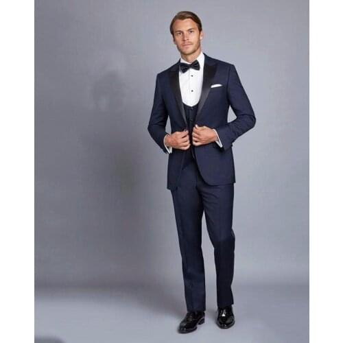 Handsome Navy Blue One Buttons Groomsmen Peaked Lapel Groom Tuxedos Men Suits Wedding/Prom/Dinner Best Man Blazer 3 Piece Suit