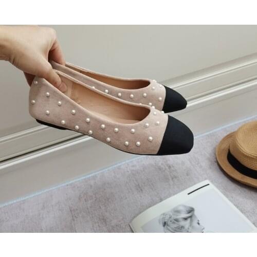 Mixed Color square toe sneaker shoes women comfy flock loafers pearl mary janes woman flats ins soft soled string bead moccasins