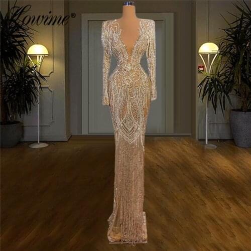 Lowime Luxury Beaded Long Mermaid Dubai Evening Gown 2021 Newest Couture Robe De Soiree Plus Size See Through Party Dress Prom