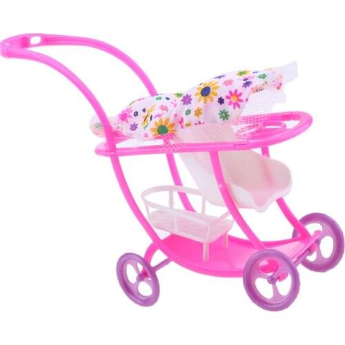 Lovely Plastic Mini Baby Doll Stroller Push Car Dolls Trolley Dollhouse Bedroom Decor Life Scenes Kids Toy