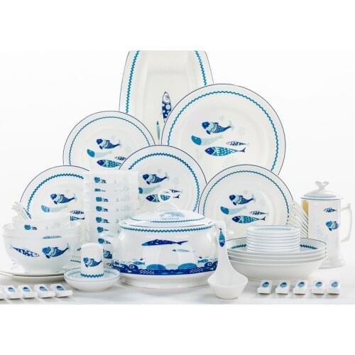 48piece set, bone china fish deisgn dinnerware set, porcelain kitchen chafing dish buffet, ceramic dinner plate tableware, serve