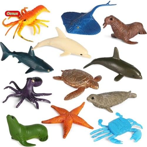 Oenux Ocean Animals Set Fish Octopus Shark Seal Turtle Model Action Figures Marine Miniature PVC Lovely Educational Kid Toys