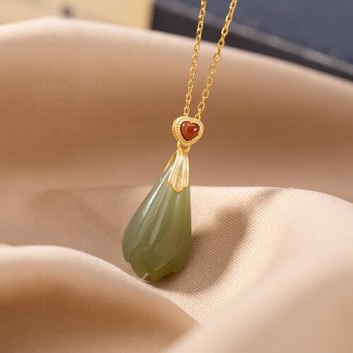 Natural 925 sterling silver gilded inlaid cyan hetian jade orchid retro pendant jewellery fashion for women lucky