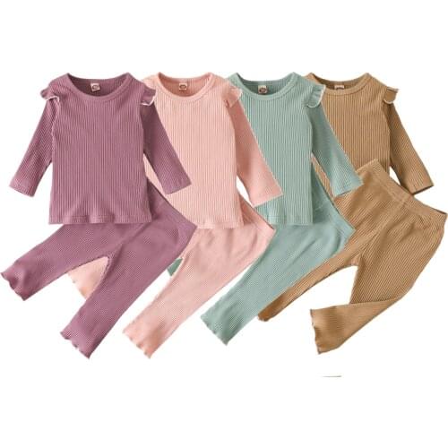 2Pcs New Cotton Toddler Infant Girls Clothing Set Fall Ribbed Stripes Ruffle Long Sleeves Elastic Tops+Pants Kids Sleepwear