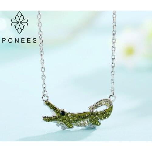 PONEES New Fashion Green Crystal Crocodile Necklace Female Jewelry For Women Lady alligator Pendant Necklace Jewelry