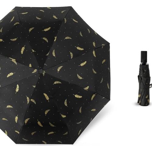 Fully Automatic Clear Umbrella Anti-UV Three Folding Portable Women Girls Feather Printed Umbrella For Sunny Rainy