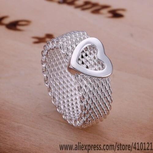 R043 Fine Silver Wholesale Rings Jewelry,Hot Sale Fashion-Sterling-Silver Charms Free Shipping Fashion Mesh Heart Ring /dsdamjka