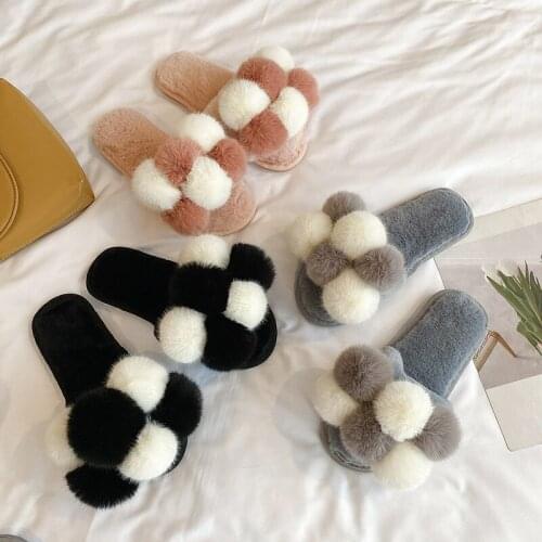 Winter Women Faux Fur Ball Slipper Platform Thick Flat Heel Open Toe Indoor Slides Multi Non Slip Design Shoes Ladies Female