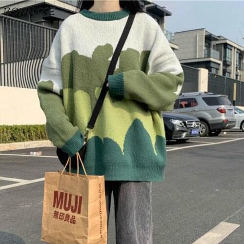 Sweaters Women Vintage Loose O-Neck Patchwork Lazy Fashion Student Lovely Feminino Pullovers Japanese Style Autumn Knitting New