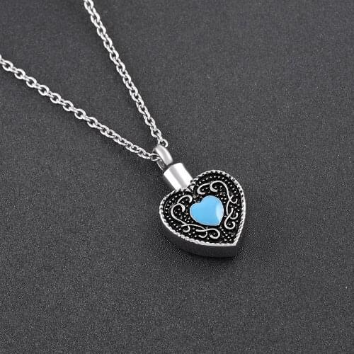 Vintage Cremation Urn Blue Heart Stone Pendant Necklace,Cheap Popular Keepsake Memorial Jewelry Urn Top Fashion