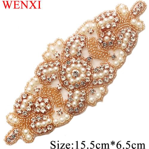 WENXI 5PCS Rhinestones Appliques Patch Sewing Clear Rose Gold Rhinestones On For Bride Gown Belt Accessory WX899