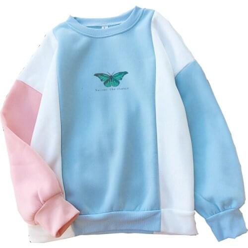 Fleece Hoodie Autumn Winter New Casual Harajuku Kawaii Butterfly Print Sweatshirt Women Spell Color Splicing O-neck Tops Clothes