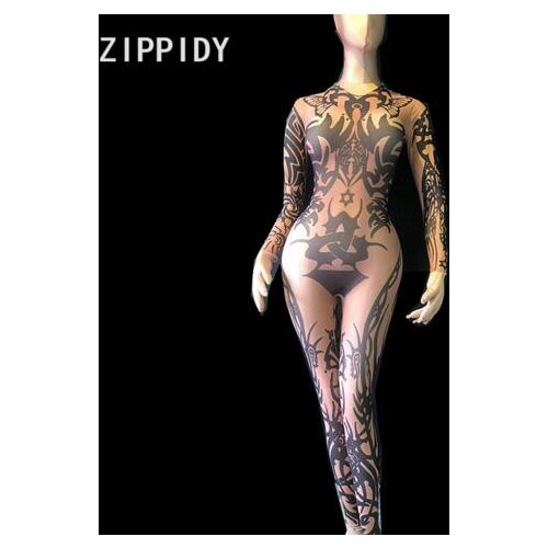 Women Dance Wear Prom Party Birthday Outfit Black Printed Long Sleeves Jumpsuit Nightclub Bar Female Singer Show Jumpsuit