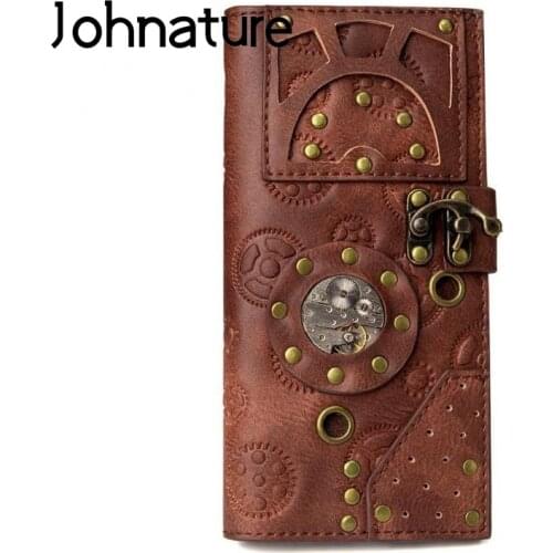 Johnature Steampunk Retro Wallet Card Holder For Women 2021 New Long Hasp Solid Color Rivet Pu Leather Female Leisure Purse