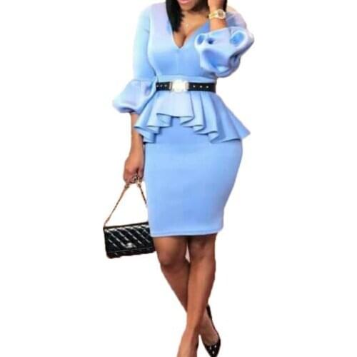 Women Office Business Two Piece Bodycon Mini Dress Sexy V-neck Lantern Sleeve Sheath Peplum Elegant Wear To Work Formal Dress