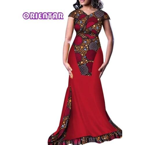 XL Size In Stock African Dresses for Women V-neck Long Maxi Dress African Print Cotton Clothing Evening Dress WY3442-XH
