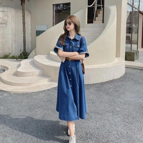 Womens Summer French Retro Waist Temperament Long A-Line Denim Dress Female OL Casual
