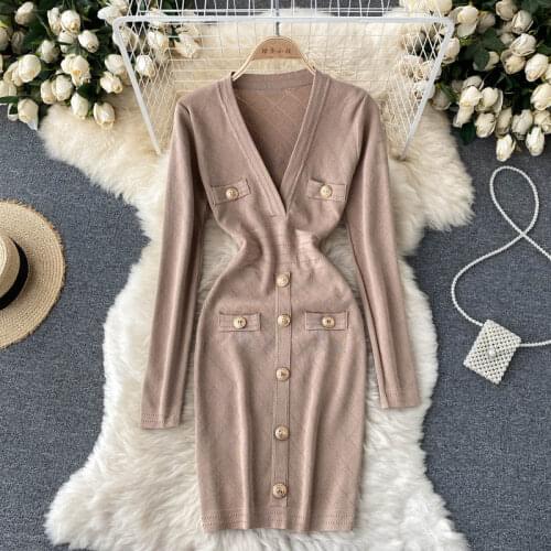 FMFSSOM 2021 Autumn Knitting Mini Dress Women Sexy Black Hight Street Deep V-Neck Dress Gold Button Retro Adjustable Clothes