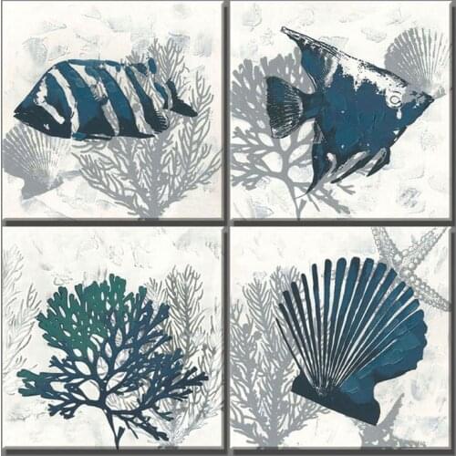 4 Pieces Diy 5D Diamond painting Navy blue Starfish Tropical Fish vintage mosaic Full Square round Diamond embroideryZP-1520