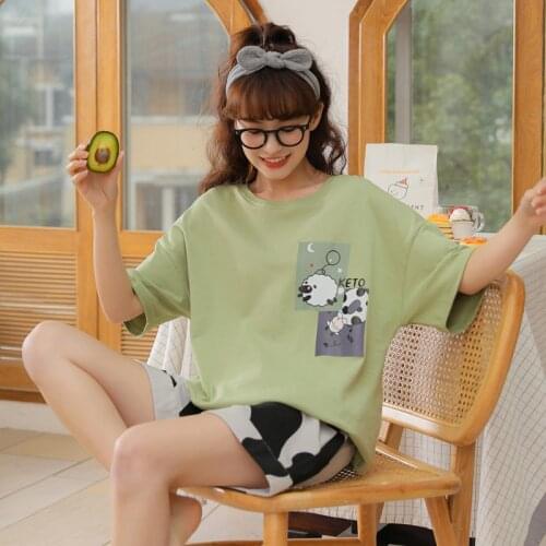 BZEL Green Cartoon Pajamas Set Women Casual Home Suit Comfort Cotton Sleepwear Lovely Summer Pijamas Mujer Skin-Friendly Pyjamas