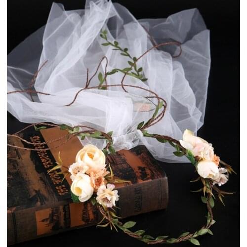Korean Style Flowers Garland Bridal Headband With Veil Wedding Accessory For Brides SQ297