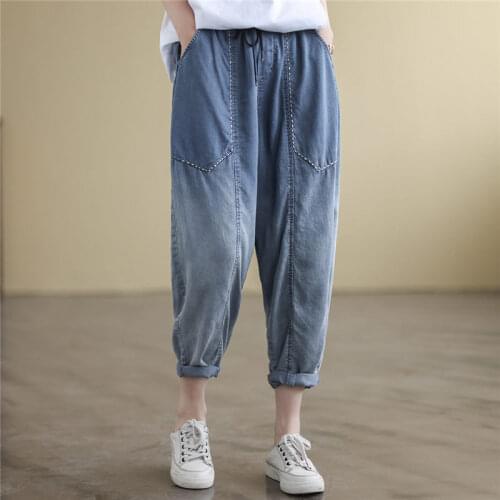 Art Retro Gradient Color Nine-point Jeans Pants Women Summer New Loose Harem Pants Big Pocket Ladies Thin Denimi Pant aq1247