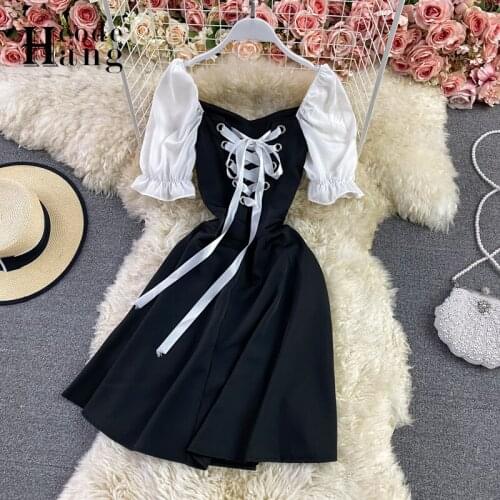 HangCode Summer Dress 2021 Vintage Gothic Bandage Black and White Sleeve Patchwork Short Dress Casual Female Dress
