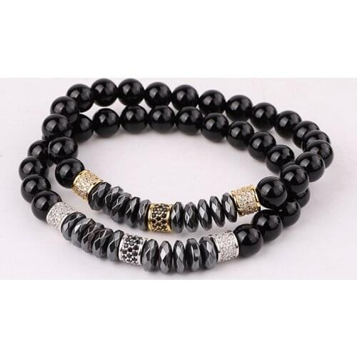 JARAVVI Natural Stone CZ Pave Charm Onyx Elastic Beads Bracelet Set Men Jewelry Gift
