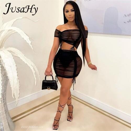 JusaHy Solid Black Mesh Two Piece Sets Women Skirt Sexy See Through Sheath Bandage Drawstring Midnight Clubwear Female Outfits
