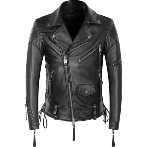 BONJEAN Motorcycle Leather Jacket Mens Genuine Cowhide Leather Coat Punk Rock Costume Mens Zippers Lace Up Slim Short Jacket