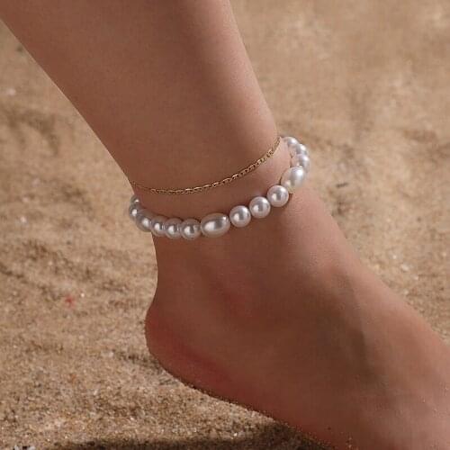 Docona Simple Pearl Anklet Set for Women Fashion Geometric Double-layer Gold Color Foot Chains Female Beach Party Jewelry 15561