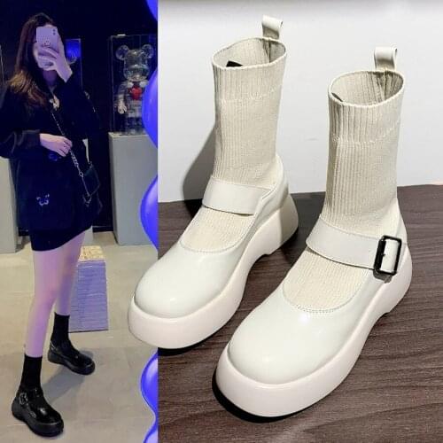 YSHUNIJ Womens 2021 New Autumn Winter Middle Tube Thick Bottom Buckle Thin Martin Boots Elastic Flying Woven Socks Boots