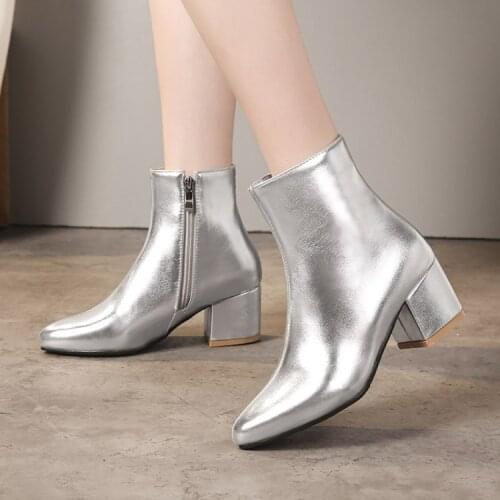 Autumn and winter mid-heel chunky heel pointed ladies short boots gold show Martin boots side zipper silver large size