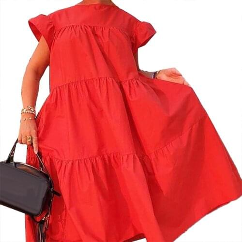 Women Dresses Casual Solid Color O Neck Ruffled Short Sleeve Large Hem A Line Midi Dress Loose платье Women Summer Vestido