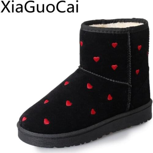Cute Winter Snow Boots Anti Slippery Fur Plush Female Winter Boots Student Shoes Velvet Warm Cotton Shoes Love and Velvet Flats