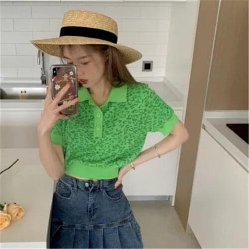 Retro Wild Leopard Knit Small Sweater Women Sweet Polo Short Slim Button Sweater